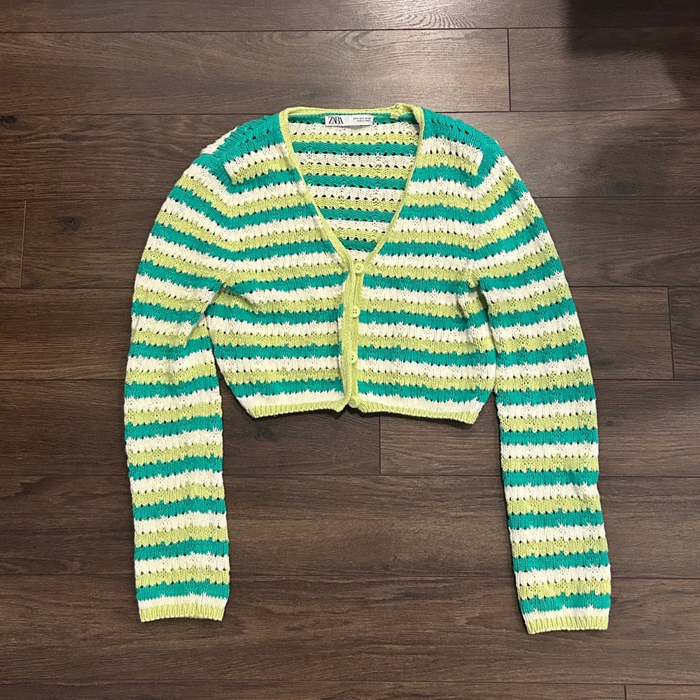 ZARA Striped Green and Yellow Women's Sweater
